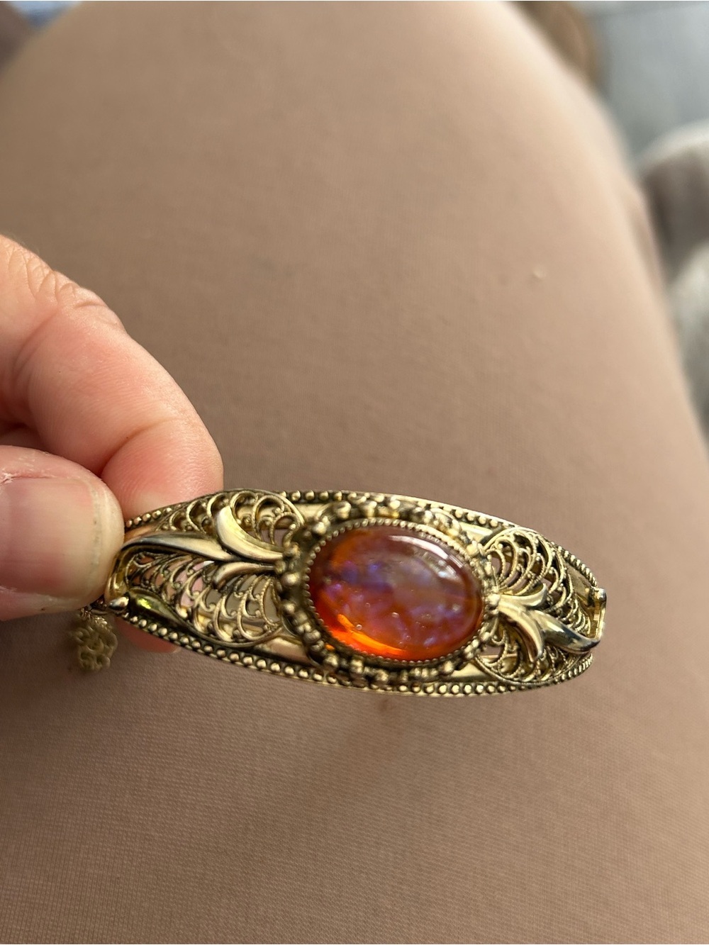 Whiting and Davis- Gold dragon breath Bracelet with pink Cabochon Stone